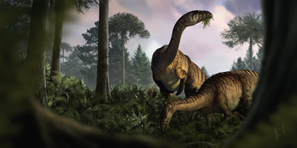 Artistic reconstruction of herbivorous, fern-eating sauropodomorph dinosaurs in the Early Jurassic ecosystem of Soltykow