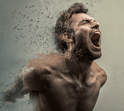 Screaming man disintegrating into dust, arms-first, on a grey and brown background