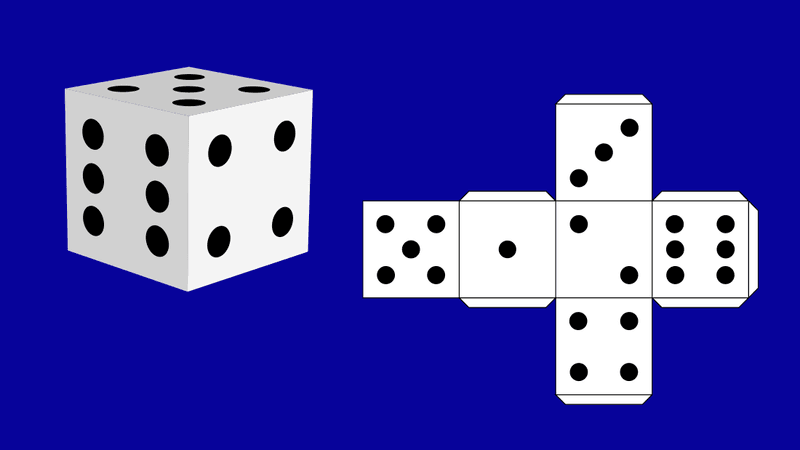 a six-sided die on a blue background next to a net for a six-sided die