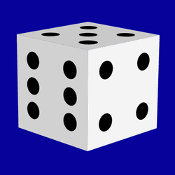 a six-sided die on a blue background next to a net for a six-sided die