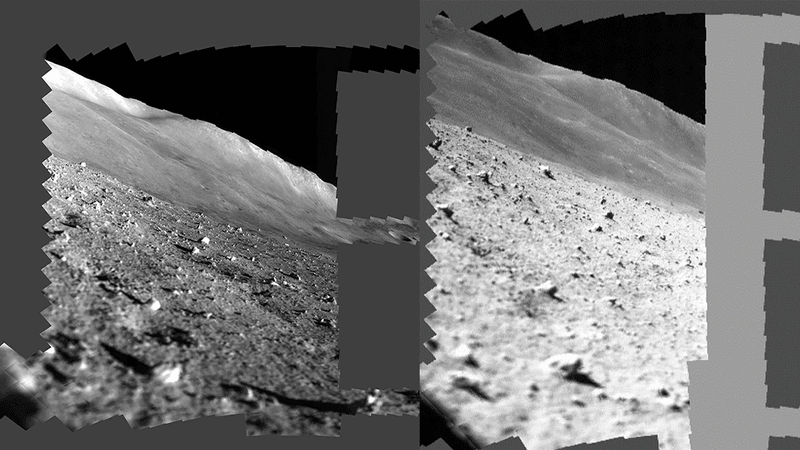 Mosaic images of the lunar surface taken by SLIM's MBC immediately after landing (right) and when it woke up after power was restored (left). 