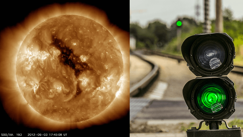 Photo of coronal hole on the sun next to photo of green railway signal