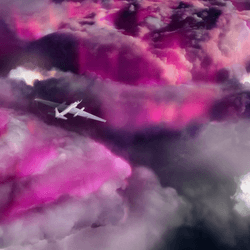 a plane is seen above the storm. the storm glows pink as a way to show where gamma-rays are coming from. 