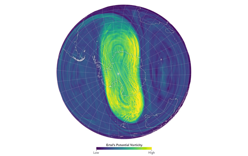 NASA model of the potential vorticity in the stratosphere over Antarctica on August 5, 2024.