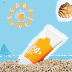 collage of things related to holidays and sunscreen - a bottle of sunscreen partly buried in sand, seashells, sun shape made out of smears of sunscreen, tropical leaves