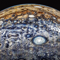 A portion of jupiter is visible and it is all swirls and vortices bit and small all around the surface