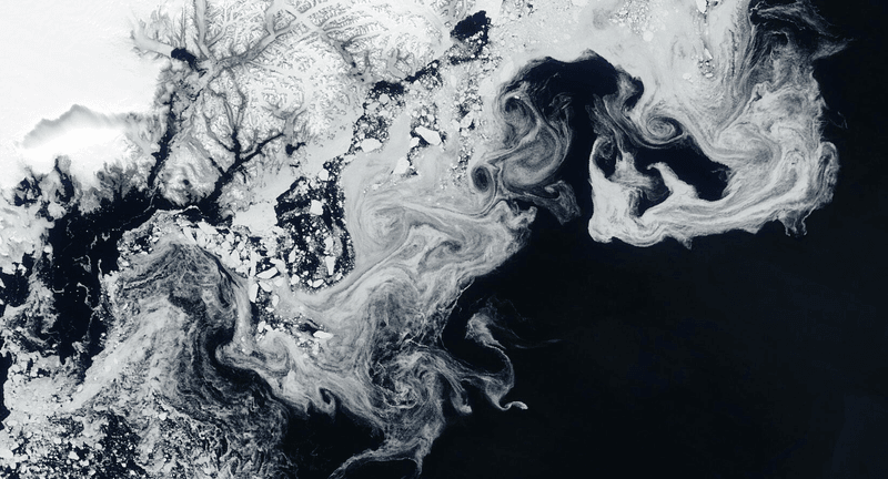 When sea ice melts it doesn't turn straight to water, instead it thins and darkens, creating the intermediary shades in this image from NASA's Terra satellite.