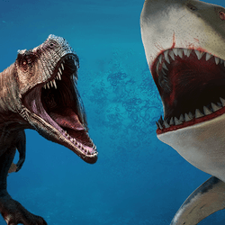 A T.  rex and megalodon squaring off for a fight