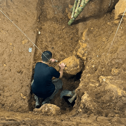 Vito Hernandez searching sediments in Tam Pà Ling for insight into the conditions in which southeast Aisa's oldes modern human fossils were deposited.