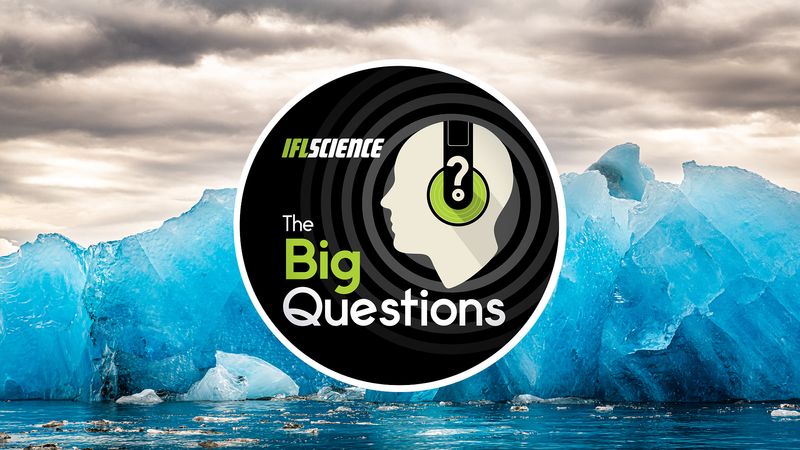 A blue colored glacier in the background, with The Big Questions logo in the foreground.