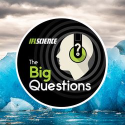 A blue colored glacier in the background, with The Big Questions logo in the foreground.