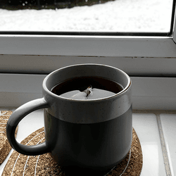 A mug of tea on a windowsill.