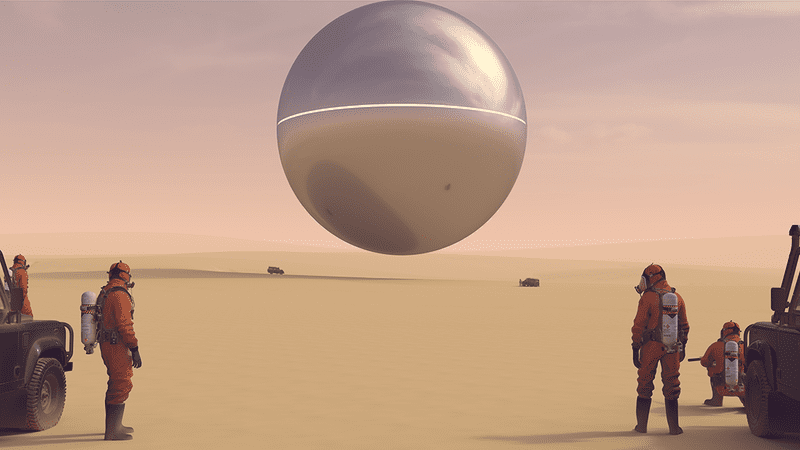 A big metal orb floats above a desert, while people in hazmat suits look on.