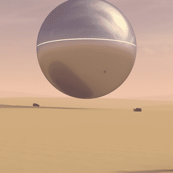 A big metal orb floats above a desert, while people in hazmat suits look on.