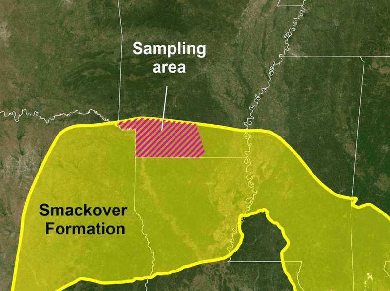 The Smackover formatThe SmackoveThe Smackover formation highlighted in yellow, The sampling area is located in the lower portion of Arkansas highlighted with red stripesr formation highlighted in yellow covers the southern to eastern portion of Texas, southern portion of Arkansas, the upper half of Louisiana and some eastern areas, southern half of Mississippi, southwest area of Alabama, and portions of the Florida panhandle. The sampling area is located in the lower portion of Arkansas highlighted with red stripesion (highlighted in yellow) covers the southern to eastern portion of Texas, southern portion of Arkansas, the upper half of Louisiana and some eastern areas, southern half of Mississippi, southwest area of Alabama, and portions of the Florida panhandle. The sampling area is located in the lower portion of Arkansas (highlighted with red stripes).