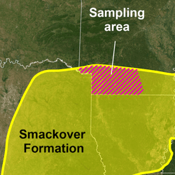 The Smackover formatThe SmackoveThe Smackover formation highlighted in yellow, The sampling area is located in the lower portion of Arkansas highlighted with red stripesr formation highlighted in yellow covers the southern to eastern portion of Texas, southern portion of Arkansas, the upper half of Louisiana and some eastern areas, southern half of Mississippi, southwest area of Alabama, and portions of the Florida panhandle. The sampling area is located in the lower portion of Arkansas highlighted with red stripesion (highlighted in yellow) covers the southern to eastern portion of Texas, southern portion of Arkansas, the upper half of Louisiana and some eastern areas, southern half of Mississippi, southwest area of Alabama, and portions of the Florida panhandle. The sampling area is located in the lower portion of Arkansas (highlighted with red stripes).