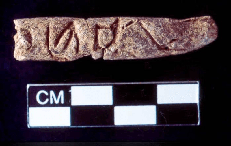 One of the four finger-sized cylinders found in an ancient Syrian tomb, showing the markings scratched on it that could be the origins of the alphabet.