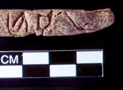 One of the four finger-sized cylinders found in an ancient Syrian tomb, showing the markings scratched on it that could be the origins of the alphabet.