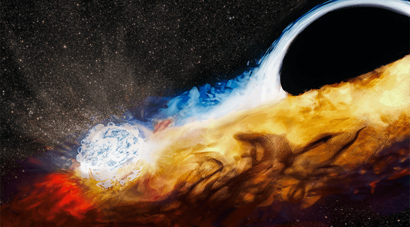 Artist's impression of AT2019qiz, an event where a supermassive black hole consumed a star, creating a cloud through which a star or smaller black hole then repeatedly ran.