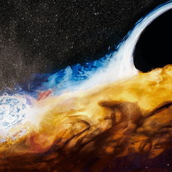 Artist's impression of AT2019qiz, an event where a supermassive black hole consumed a star, creating a cloud through which a star or smaller black hole then repeatedly ran.