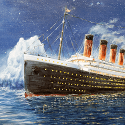 a painting of the titanic at sea at night