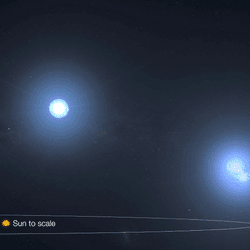 A comparison of the distances of the stars in the TIC 290061484 system with the Sun and Mercury's orbit to scale.