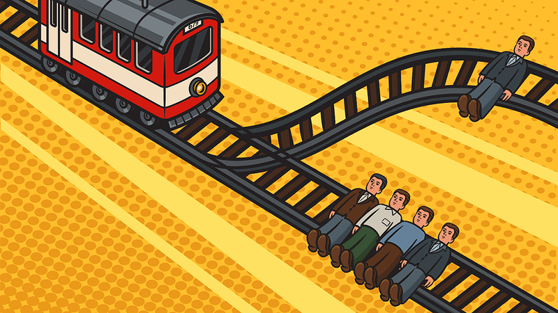 A train going down a track towards one people, or five people.