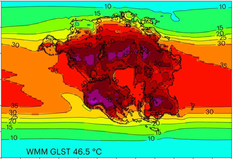 A map showing warm month mean temperatures across Pangea Ultima assuming high-end CO2 increase.