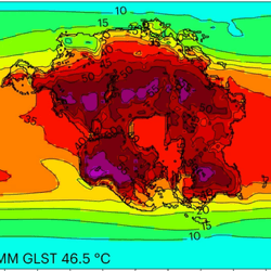 A map showing warm month mean temperatures across Pangea Ultima assuming high-end CO2 increase.