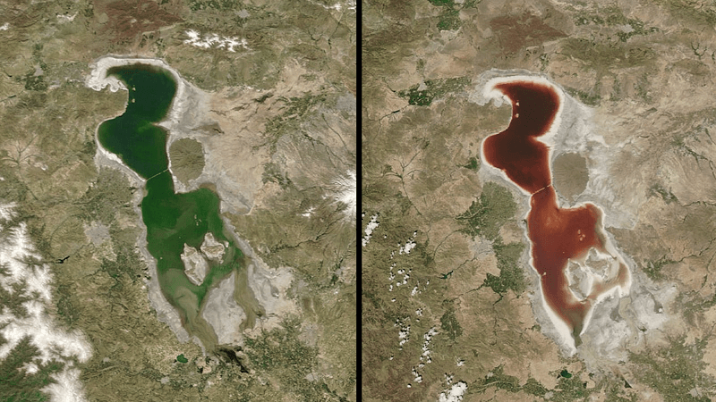 Two images of Lake Urmia. The first shows the lake under ideal conditions, with blue water; the second shows the lake on July 18, 2016, with vividly red water.