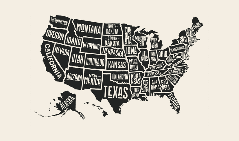 map of us states in black on a beige background; the names of each state are written in large block letters inside each state on the map