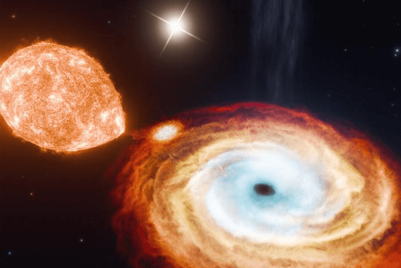 Artist's impression of V404 Cygni, a star being sucked into the accretion disk around a black hole, with a companion star bright in the background.