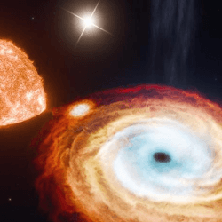 Artist's impression of V404 Cygni, a star being sucked into the accretion disk around a black hole, with a companion star bright in the background.