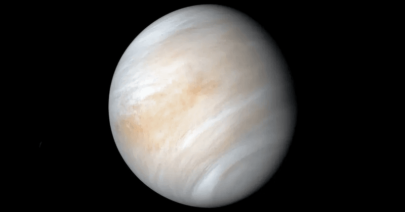 A picture of Venus taken by Mariner 10. It shows the planet covered in a thick layer of clouds