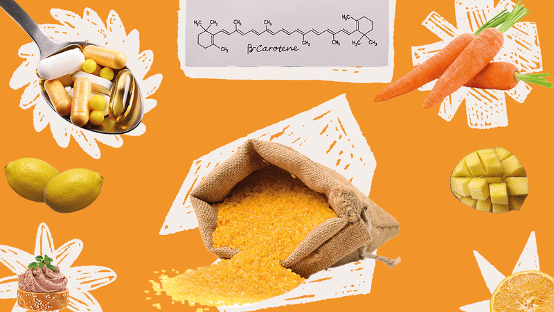 collage on an orange background, showing various foods that contain carotenoids, such as golden rice, carrots, oranges, lemons, and mango; a bag of golden rice; a piece of bread with pate on top; and an illustration of the chemical structure of beta-carotene