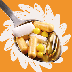 collage on an orange background, showing various foods that contain carotenoids, such as golden rice, carrots, oranges, lemons, and mango; a bag of golden rice; a piece of bread with pate on top; and an illustration of the chemical structure of beta-carotene