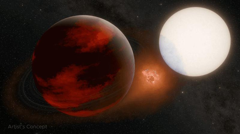 An artist's impression of the superheated gas giant WASP-49b, its proposed volcanic exomoon, and the star they circle in just 2.8 days.