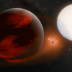 An artist's impression of the superheated gas giant WASP-49b, its proposed volcanic exomoon, and the star they circle in just 2.8 days.