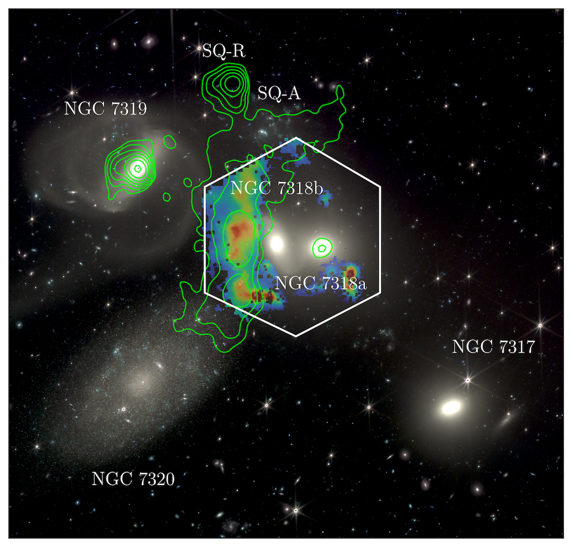 The image created by combining WEAVE's observations with green contors provided by the Low Frequency Array