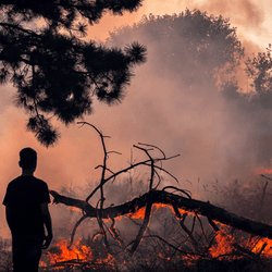 Boy looking at wildfire at sunset, burning pine forest in the smoke and flames, linked to climate change.